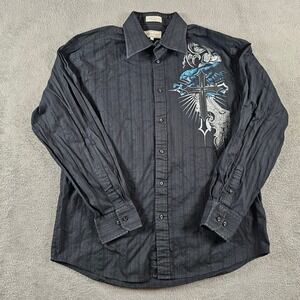 Eighty Eight Mens Black Gothic Cross Raven Graphic Button Down Shirt Large
